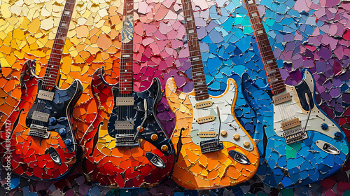 Colorful Acoustic Guitars Against Vibrant Background photo