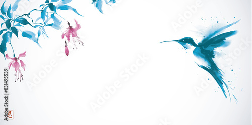 Ink wash painting of fuchsia flowers and hummingbird in flight. Traditional oriental ink painting sumi-e, u-sin, go-hua. Hieroglyph - grace