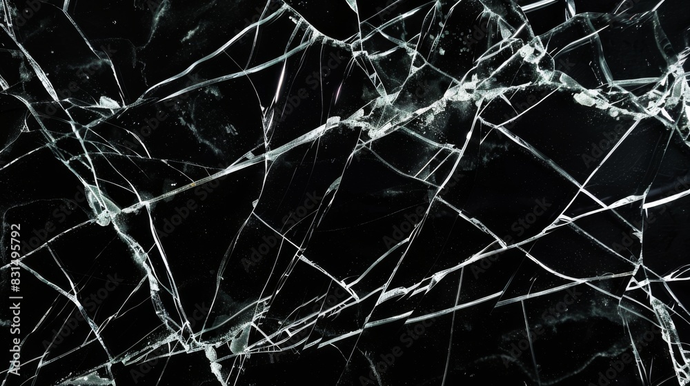 Broken glass cracks texture on black background. Sharp Lines on Clear Glass.