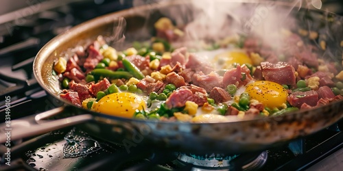 A stove-top pan filled with corned beef hash, eggs, and green beans cooking together. photo