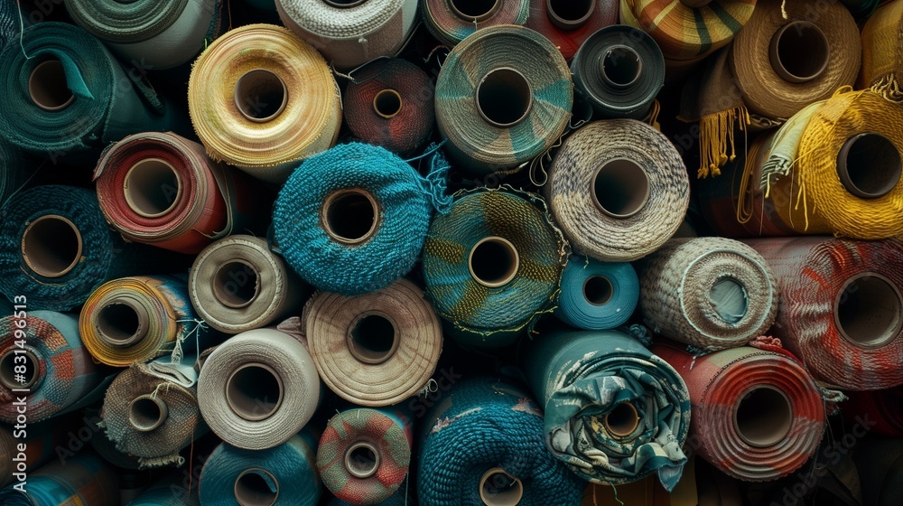 Fototapeta premium Photograph of textile rolls, fabric, stacked in an industrial environment. Rolls of dyed fabric in the factory.