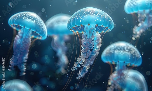a group of jellyfish are swimming in the ocean . © Olha