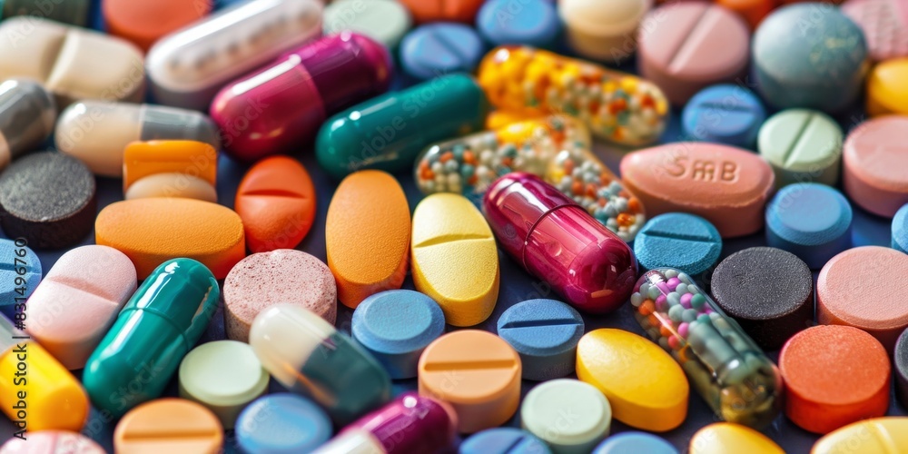 A variety of colorful pills and capsules displayed neatly, representing medicine and healthcare