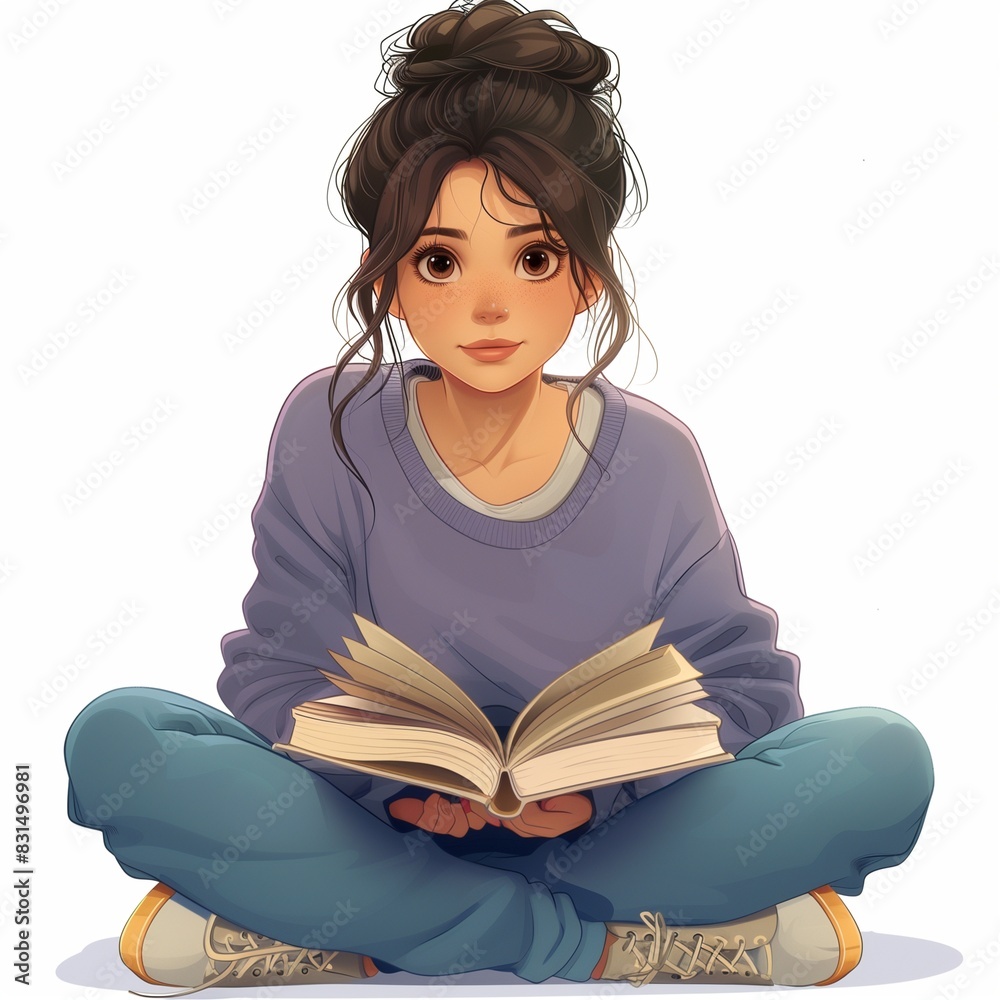 Cartoon. A woman reads a book. High quality illustration. Generated by AI Cartoon. A woman reads a book. High quality illustration. Generated by AI
