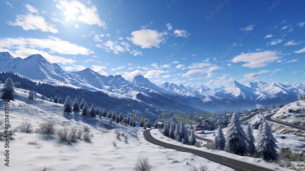 a road in front of mountains, beautiful winter landscape, blue sky and sunlight a road in front of mountains, beautiful winter landscape, blue sky and sunlight