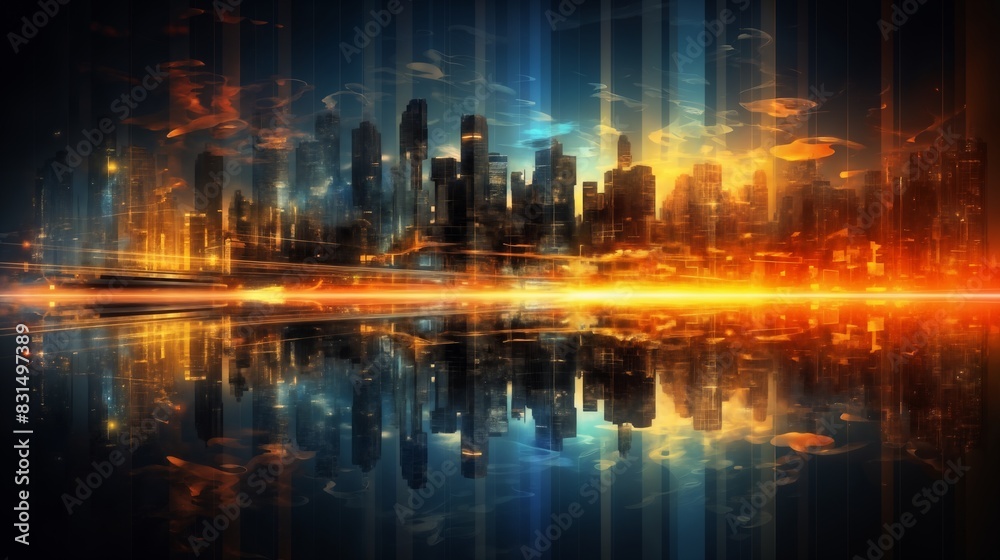 Fototapeta premium panoramic view of the modern city as a background, skyscrapers in the distance, downtown, red and blue light effects at night