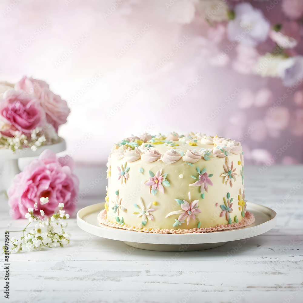 Birthday cake on colorful background and party decoration