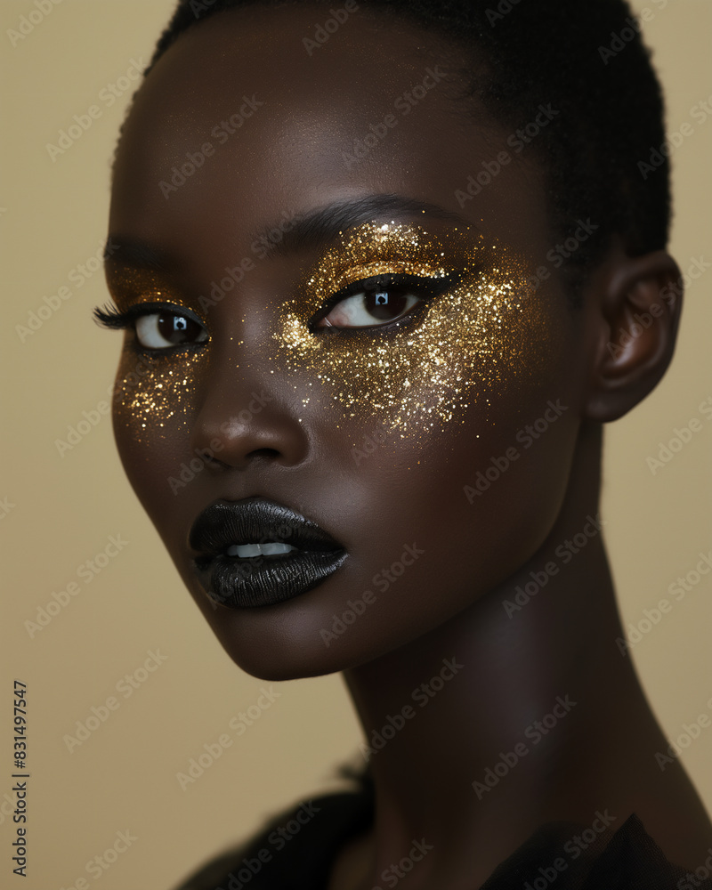 Vertical photo of black skinned girl model with short hair and golden glitter makeup on beige background. Selective focus 