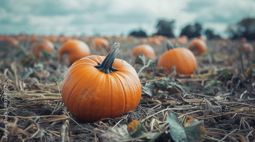 Fototapeta premium Pumpkins in a field ready to be harvested