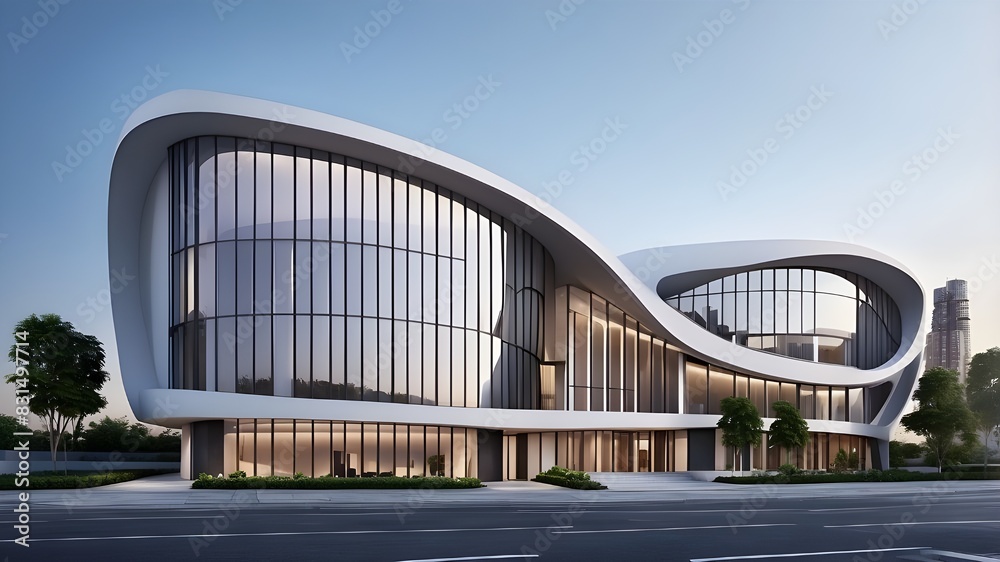 contemporary office building. Modern business building design. In front of a high-end commercial structure contemporary office building. Modern business building design. In front of a high-end commercial structure