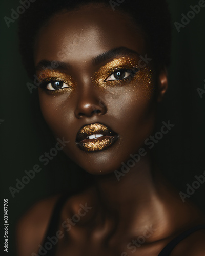 Vertical close up portrait of black skinned beautiful woman with golden glitter make up and short hair on dark background. Selective focus. 