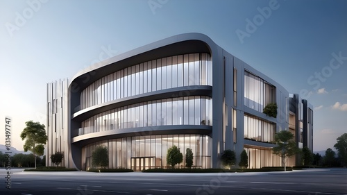 contemporary office building. Modern business building design. In front of a high-end commercial structure