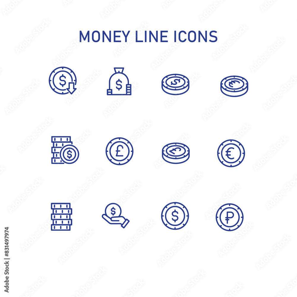 money and coins vector lined icon set, euro vector , dollar icon