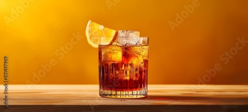 Food photography of Fresh Cocktail Aperol Negroni close up minimalism texture. Aperol Negroni Cocktail. in restaurant postcard banner. Images texture banner postcard horizontal.