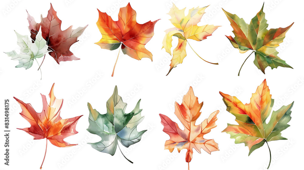 Fototapeta premium Watercolor set of autumn leaves, hand painted illustration on transparent background