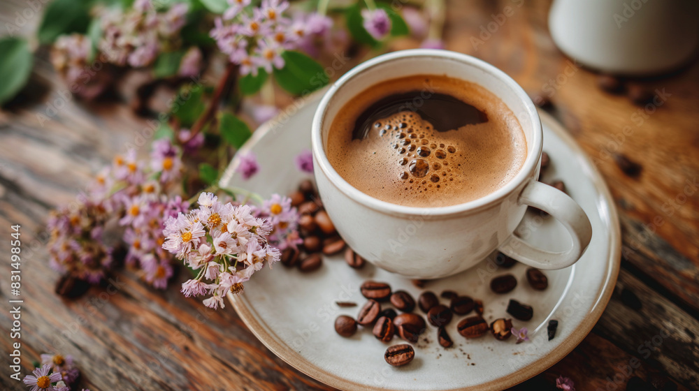 cup of coffee with beans and flower on wooden table cup of coffee with beans and flower on wooden table