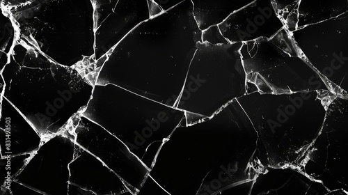 Broken glass cracks texture on black background. Sharp Lines on Clear Glass. photo