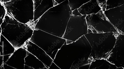 Broken glass cracks texture on black background. Sharp Lines on Clear Glass.