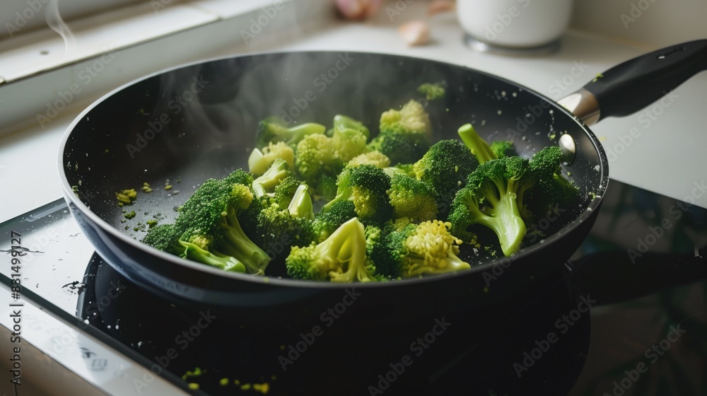 Sautéing Fresh Broccoli: Cooking in Progress Sautéing Fresh Broccoli: Cooking in Progress