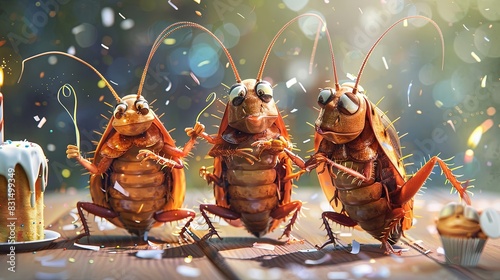 Illustration depicting cockroaches having a birthday celebration.