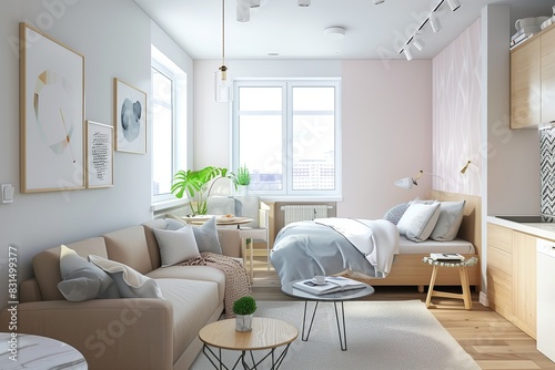 Scandinavian style small studio apartment with stylish design in light pastel colors with big window  living room  kitchen space and bed