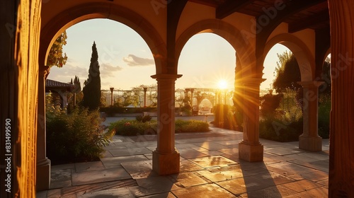 Franciscan-style arches, with serene lines and natural wood, glow in the sunset, creating timeless tranquility. photo