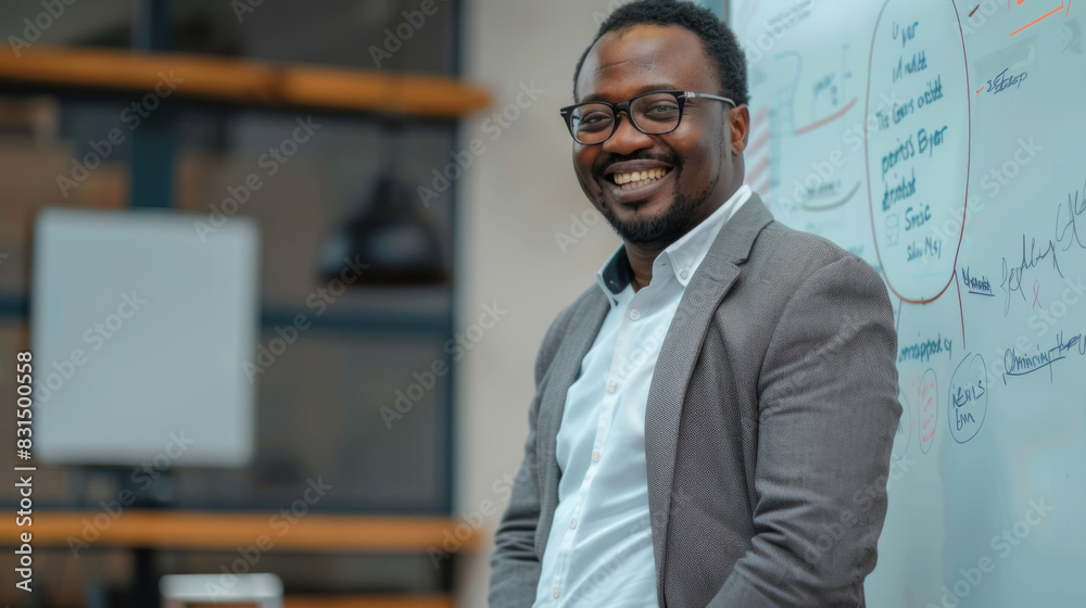 Smiling african man in glasses presenting next to a whiteboard in a modern office Smiling african man in glasses presenting next to a whiteboard in a modern office