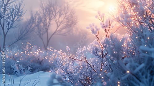 Enchanting Winter Frost: Delicate Snow-Covered Branches in Soft Light 
