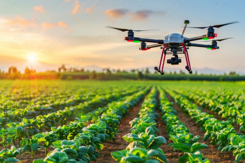 Futuristic agricultural scene drone pollinators and automated farming equipment in panoramic view Futuristic agricultural scene drone pollinators and automated farming equipment in panoramic view
