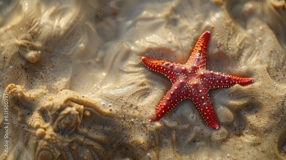 Close up top view of a red starfish on the sandy beach with a backdrop of sea and sand offering a beachy summer scene Close up top view of a red starfish on the sandy beach with a backdrop of sea and sand offering a beachy summer scene