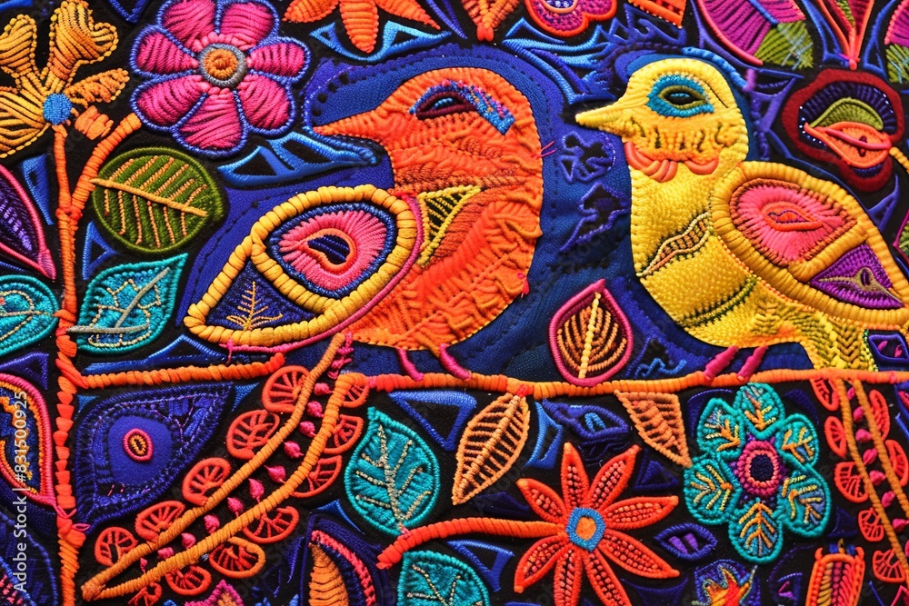 Fototapeta premium Molas from Panama Kuna Islands Bright Colorful Birds