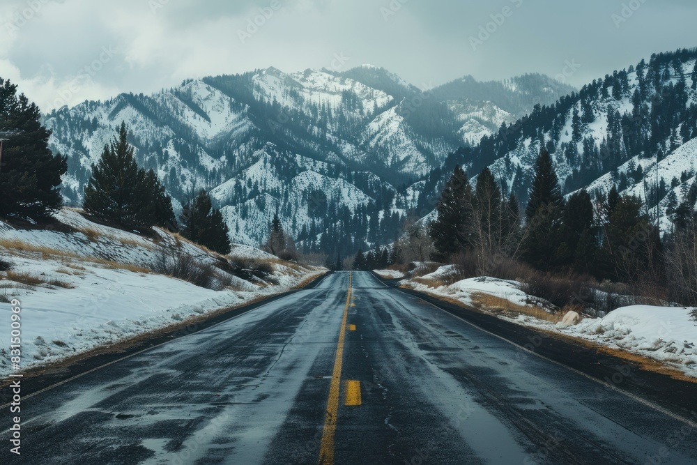 Empty road leads towards majestic snowcovered mountains under a cloudy sky Empty road leads towards majestic snowcovered mountains under a cloudy sky