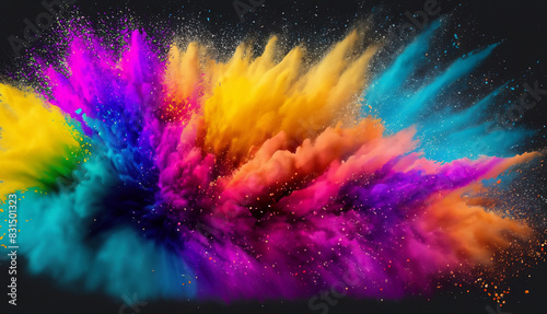 colorful happy Holi background. Fluid smoke plumes in vibrant hues dance on a dark canvas, creating an abstract visual symphony.