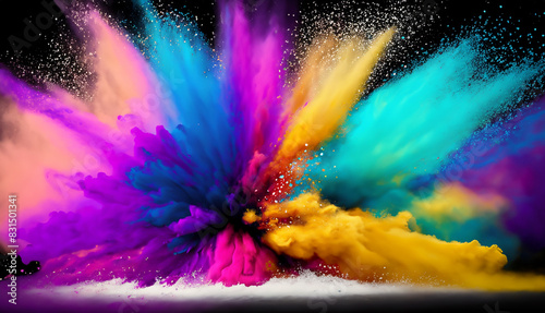 colorful happy Holi background. Fluid smoke plumes in vibrant hues dance on a dark canvas  creating an abstract visual symphony.