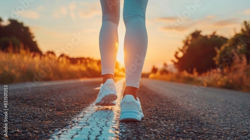 Close up of woman s legs in leggings and sneakers walking on country road at sunset  back view. Sportswear concept for running or fitness