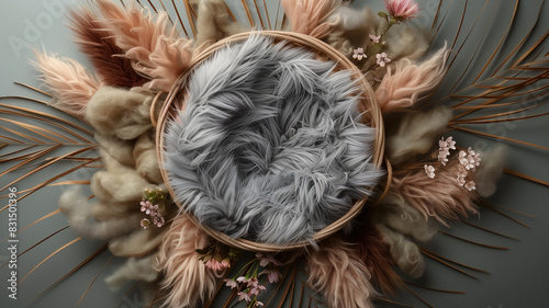 Digital background with fur baby crib and floral decorations, Boho style, composite overlay, round baby basket, dried flowers. photo