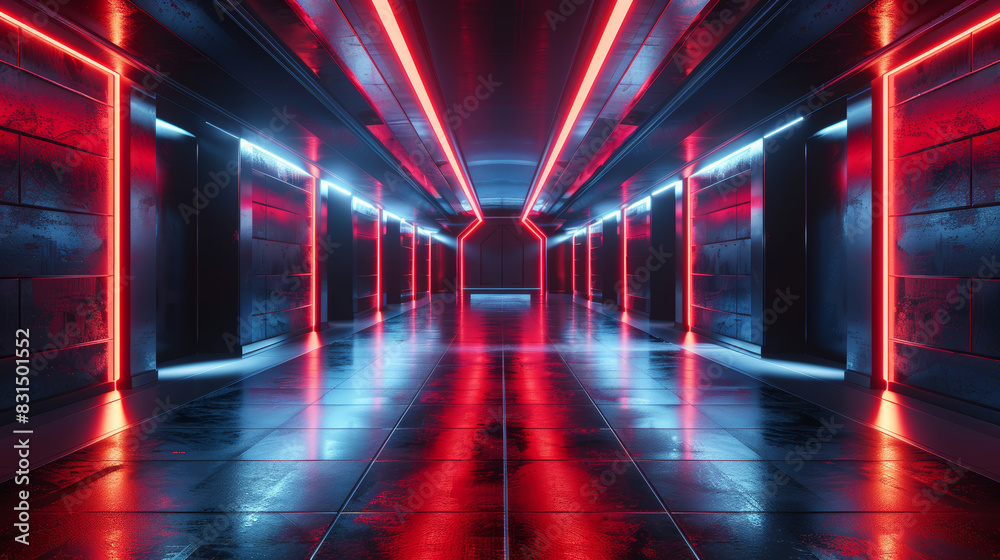 A long, empty hallway with red and blue lights