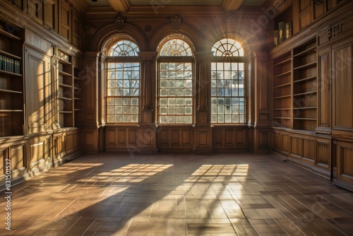 Golden hour sunlight filters through large windows, casting patterns on the wooden floor of an elegant, empty library