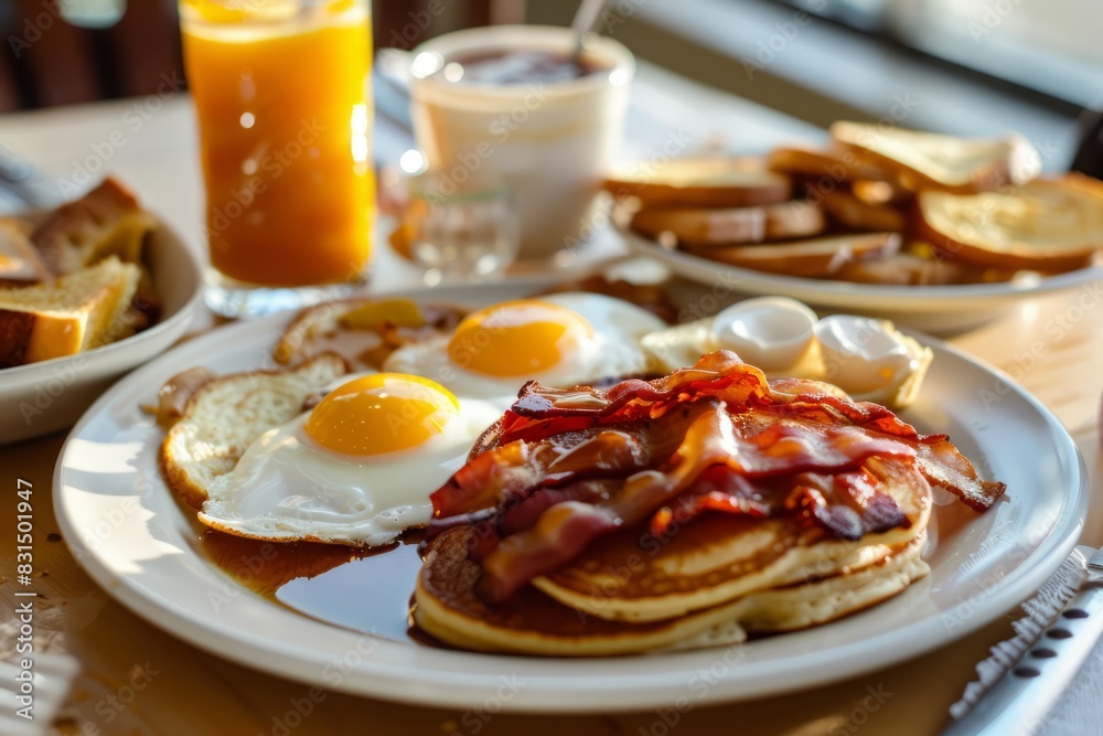 Breakfast with bacon, eggs, pancakes, and toast Breakfast with bacon, eggs, pancakes, and toast