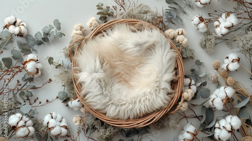 Digital background with fur baby crib and floral decorations, Boho style, composite overlay, round baby basket, dried flowers. photo