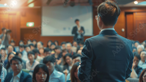 Confident businessperson stands before a crowded seminar, preparing to address the audience