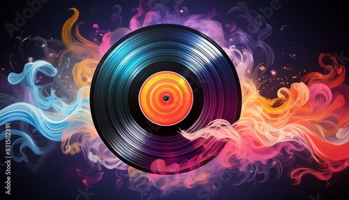 Music record rotates with colorful smoke trails photo