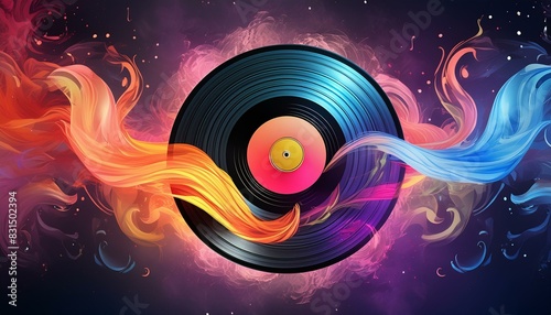 Music record rotates with colorful smoke trails photo