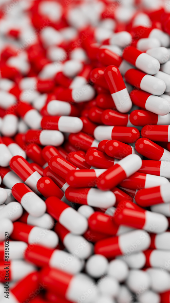 Closeup of red white pills with shallow DOF. Drugs, pills, tablets, medicine concept. 3d render illustration Closeup of red white pills with shallow DOF. Drugs, pills, tablets, medicine concept. 3d render illustration