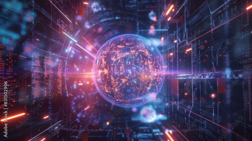 A glowing orb of light surrounded by intricate geometric patterns and digital circuits, floating in a virtual space A glowing orb of light surrounded by intricate geometric patterns and digital circuits, floating in a virtual space