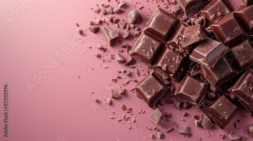 horizontal banner, pieces, drops and crumbs of chocolate, delicate pink background, confectionery factory, sweet life, free space for text
