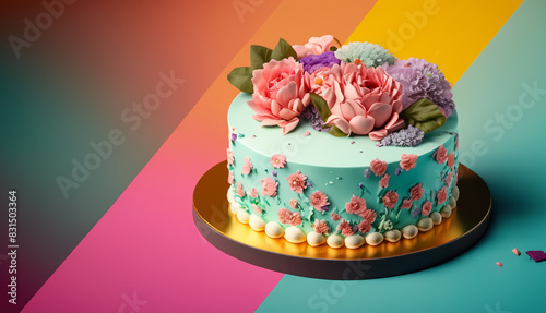 Beautiful Happy Birthday Cake with Colorful Balloons with banner background wallpaper 