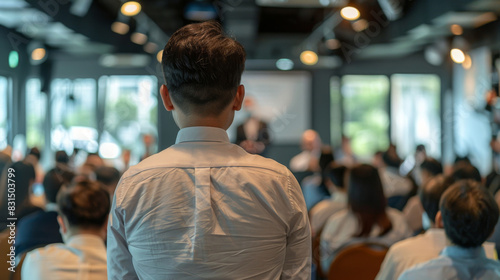 Rear view of a person attending a corporate event with a speaker in the background