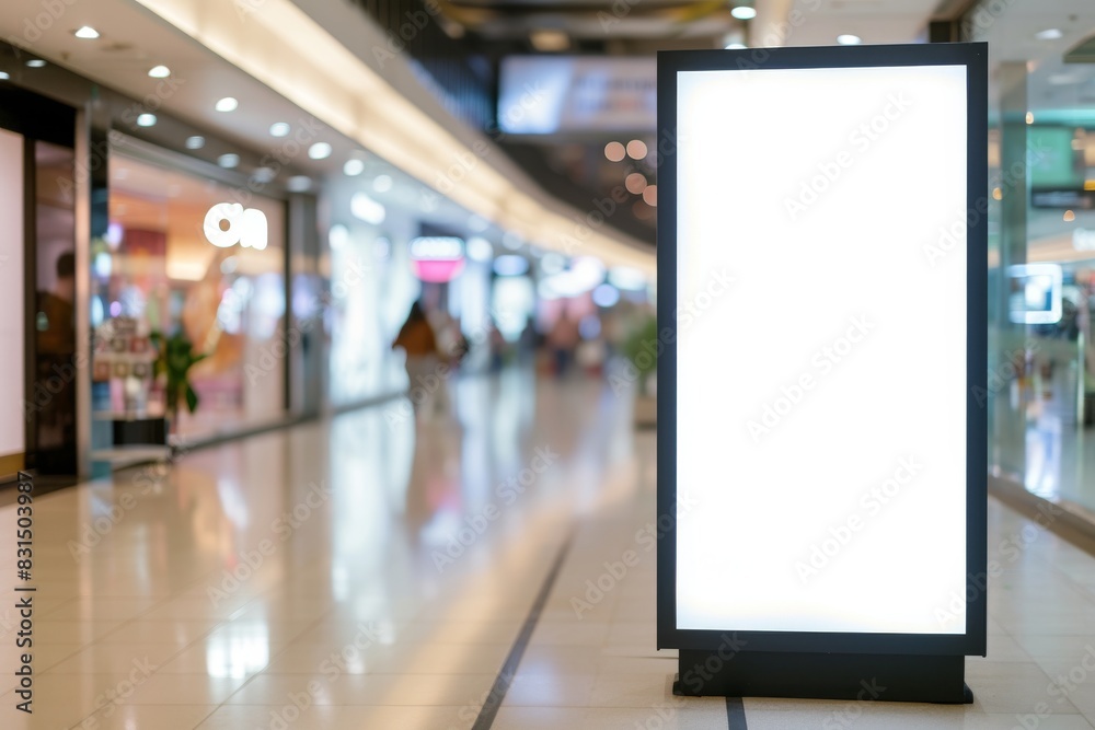 Mock up. Blank vertical poster billboard, advertising stand, lightbox inside shopping mall Mock up. Blank vertical poster billboard, advertising stand, lightbox inside shopping mall