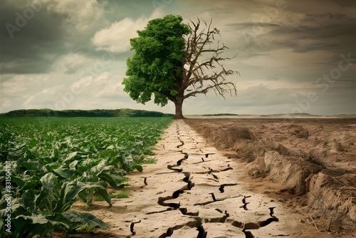 Vibrant field meets dry pathway, barren area with contrasting tree in between Sky signifies change